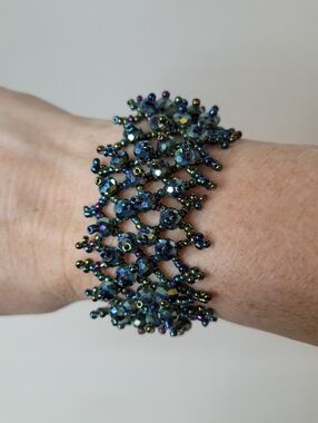 Beautiful Vintage Beaded Sequinned Woven Peacock Hued Bracelet